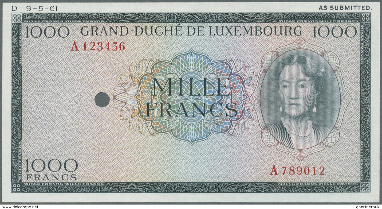 Luxembourg: 1000 Francs ND Color Trial Of P. 52B In Dark Green Instead Of Brown Color, With Specimen - Luxembourg