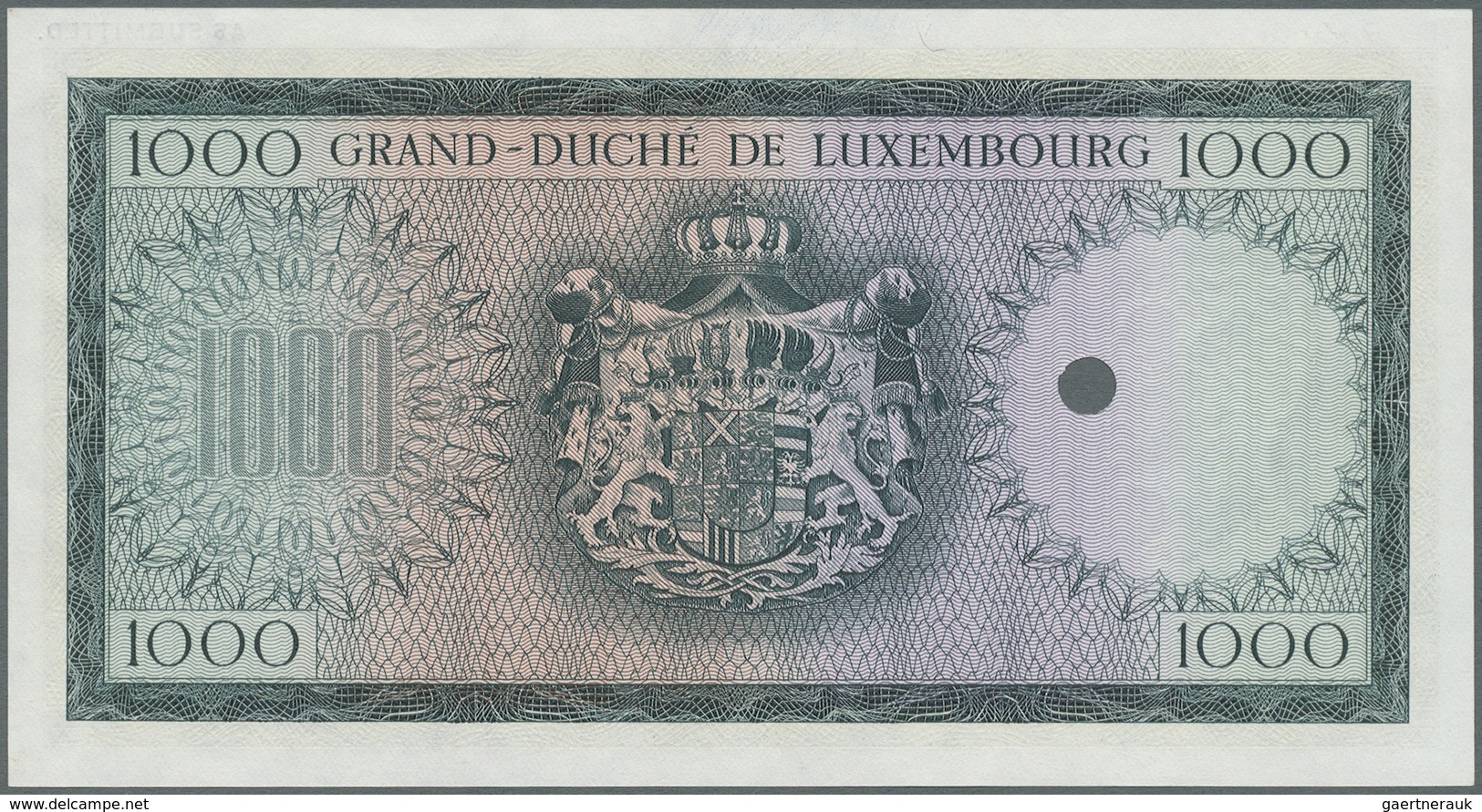 Luxembourg: 1000 Francs ND Color Trial Of P. 52B In Dark Green Instead Of Brown Color, With Specimen - Luxembourg