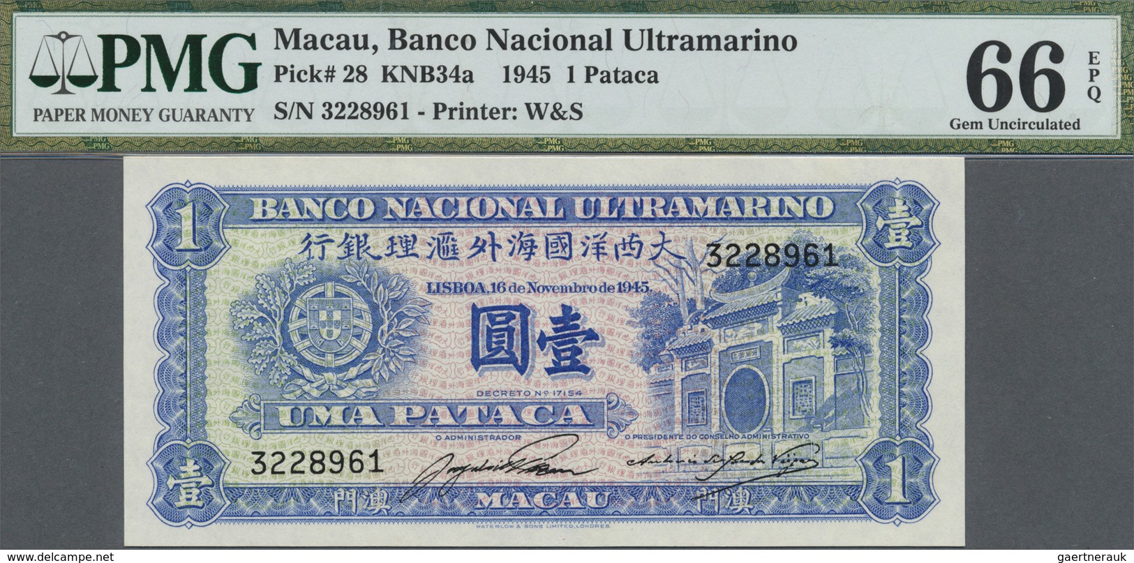 Macau / Macao: 1 Pataca 1945, P.28 In Perfect Condition, PMG Graded 66 Gem Uncirculated EPQ - Macau