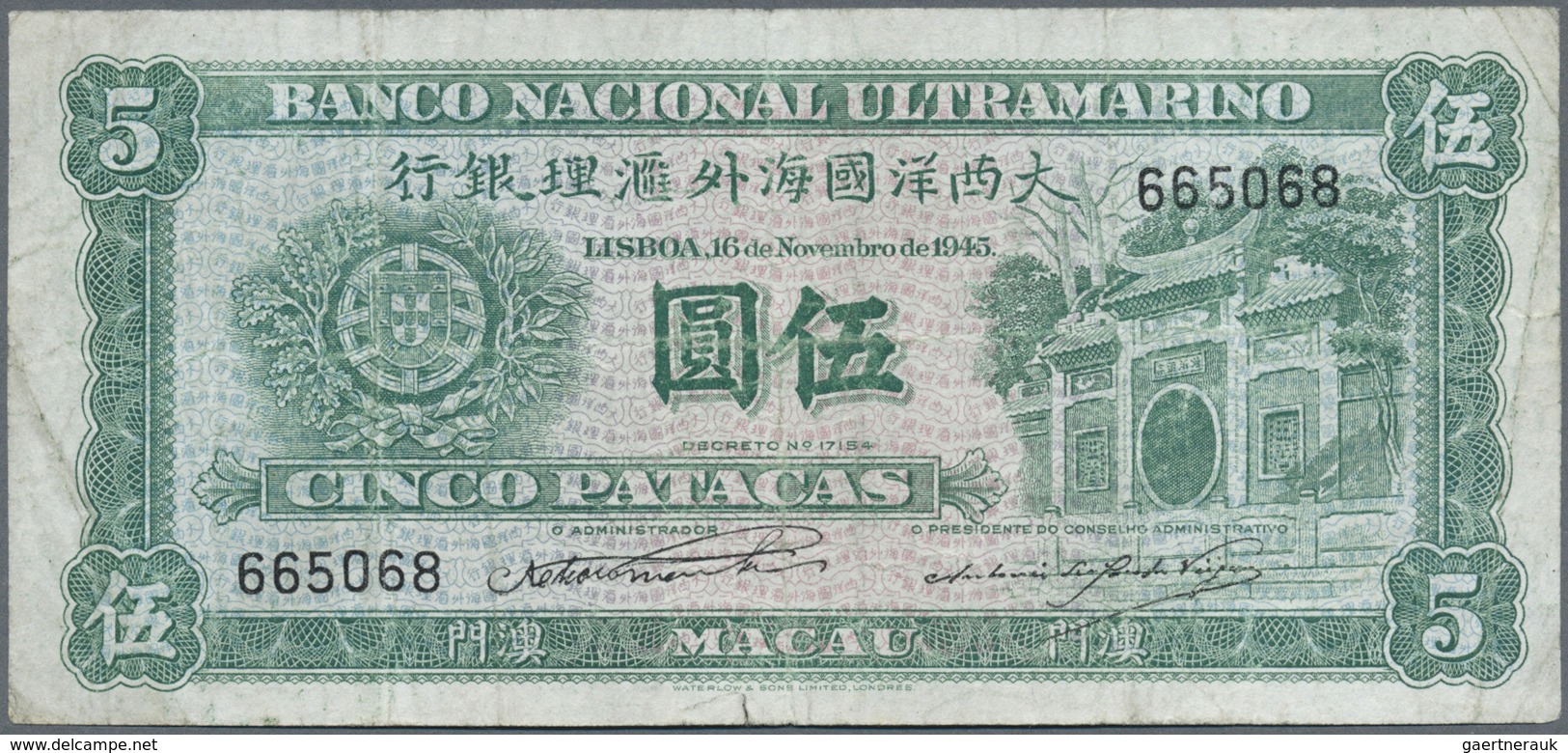 Macau / Macao: 5 Patacas 1945 P. 29, Used With Light Folds In Paper, Probably Pressed, Tiny Border T - Macau
