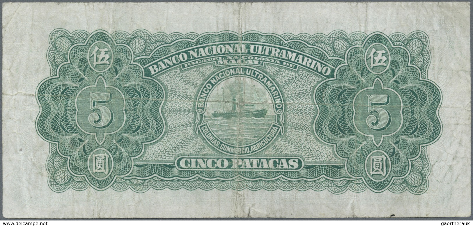Macau / Macao: 5 Patacas 1945 P. 29, Used With Light Folds In Paper, Probably Pressed, Tiny Border T - Macau