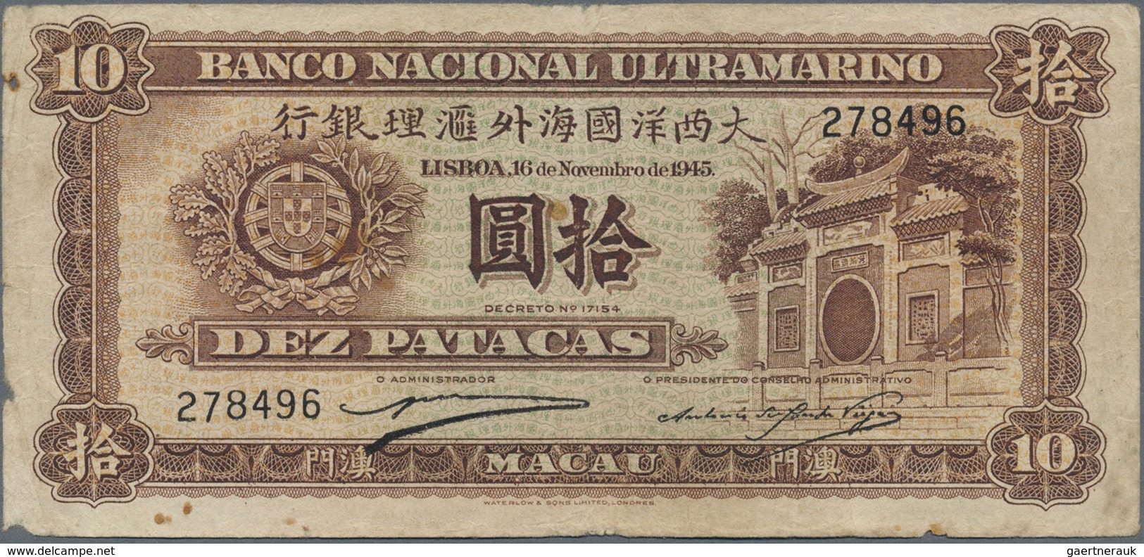 Macau / Macao: 10 Patacas 1945 P. 30, Used With Folds And Stain In Paper, Left And Upper Border At B - Macau