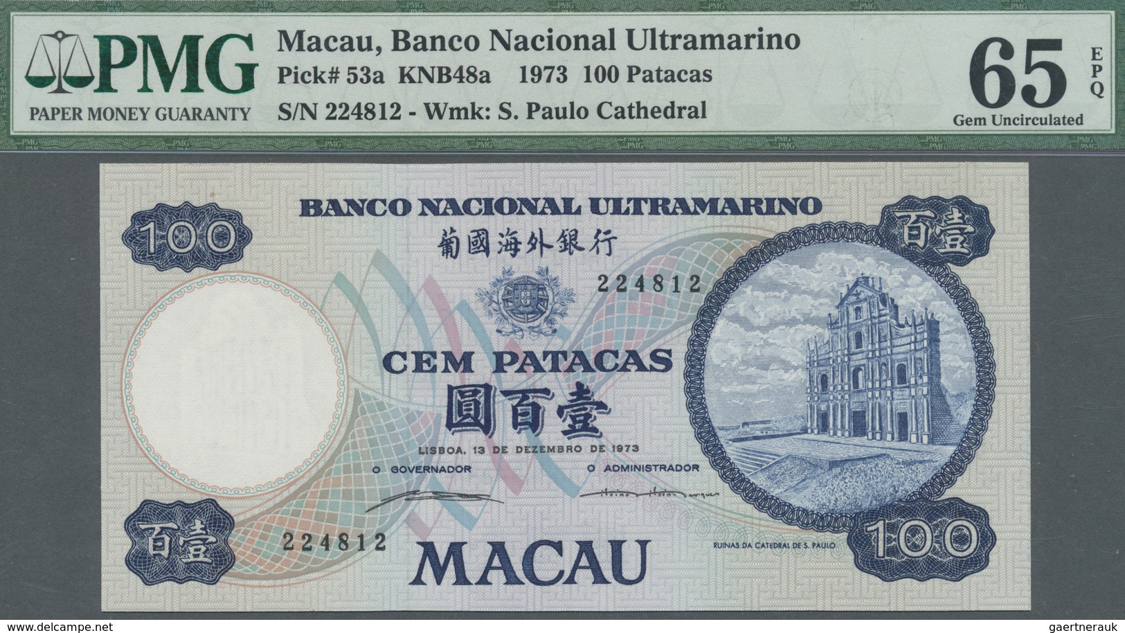 Macau / Macao: 100 Patacas 1973, P.53a, Highly Rare Note In Excellent Condition, PMG Graded 65 EPQ - Macau