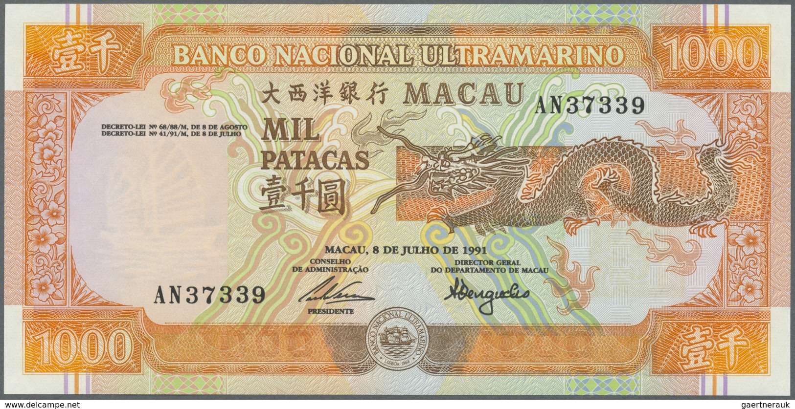 Macau / Macao: 1000 Patacas 1991 P. 70b In Condition: UNC. - Macau