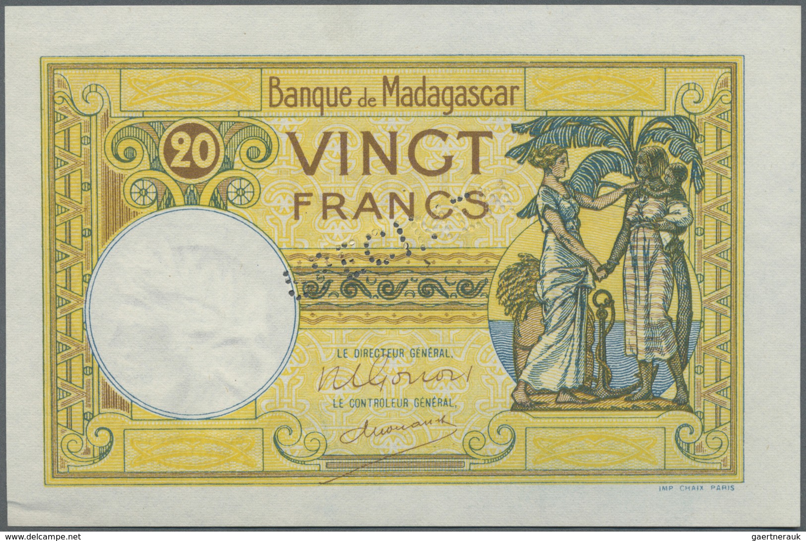 Madagascar: 20 Francs ND(1938) Specimen P. 37s, Specimen Perforation At Center, W/o Serial Numbers, - Madagascar