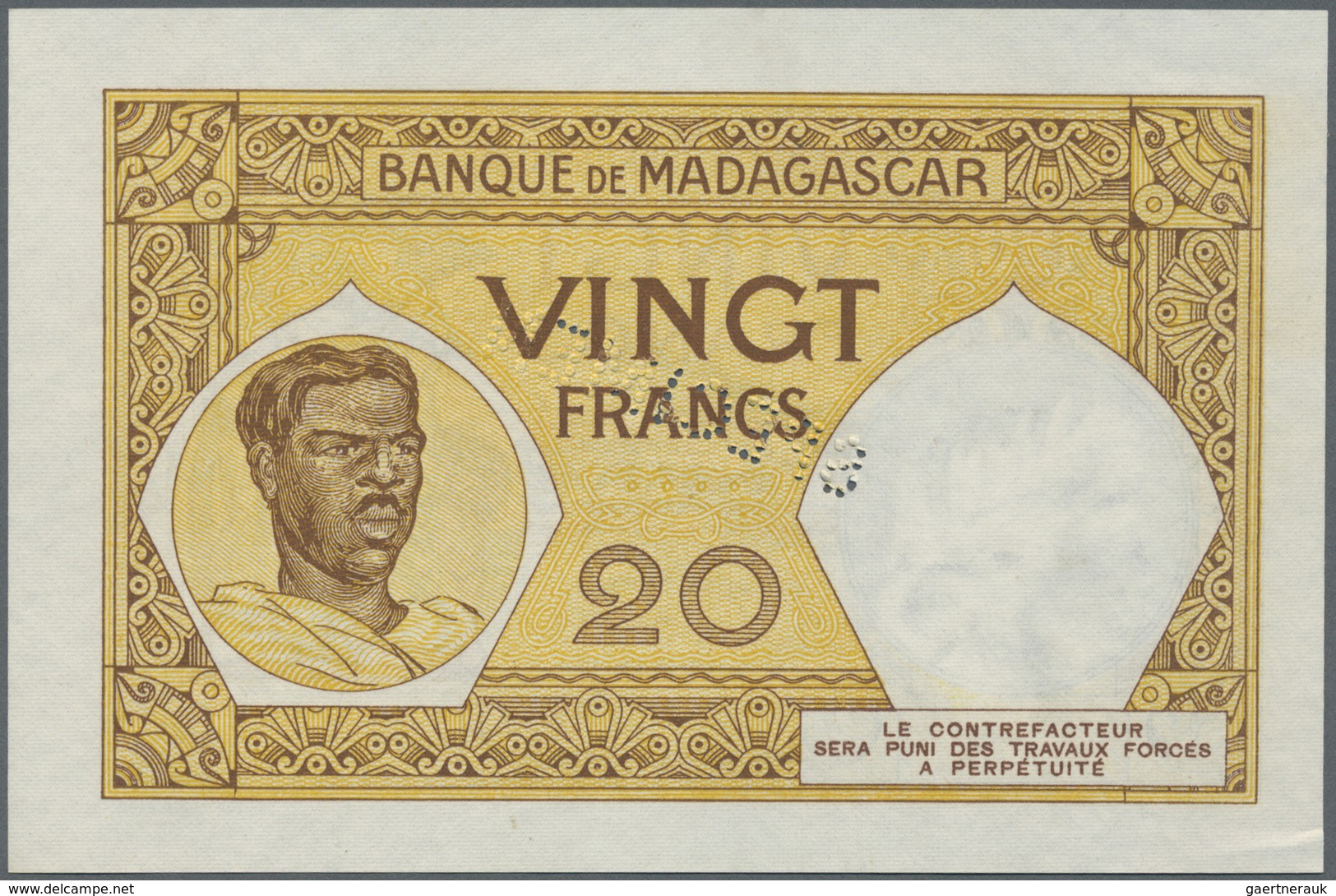 Madagascar: 20 Francs ND(1938) Specimen P. 37s, Specimen Perforation At Center, W/o Serial Numbers, - Madagascar