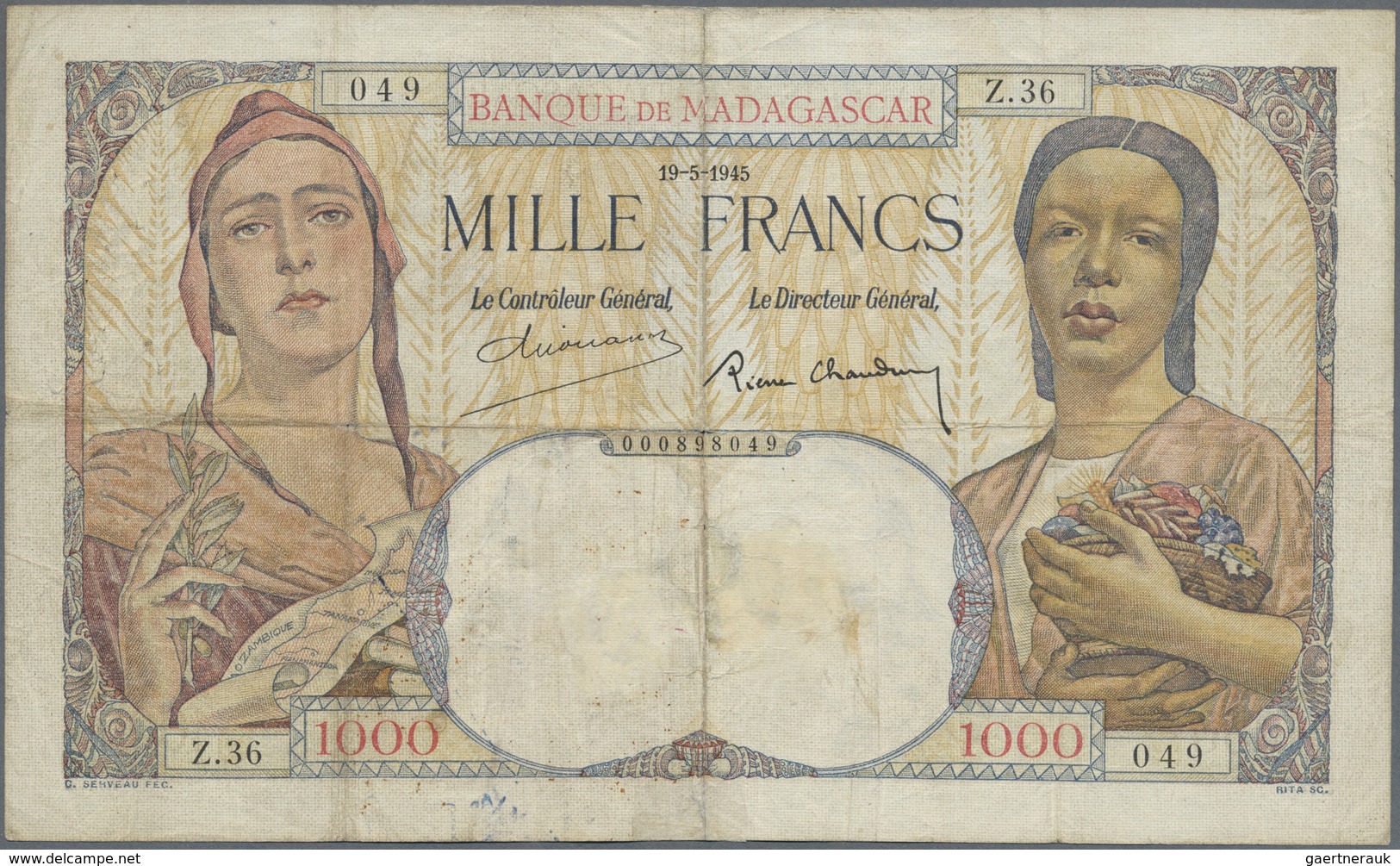 Madagascar: 1000 Francs 1945, P.41, Still A Nice Note And Original Shape With Some Pinholes At Left, - Madagascar