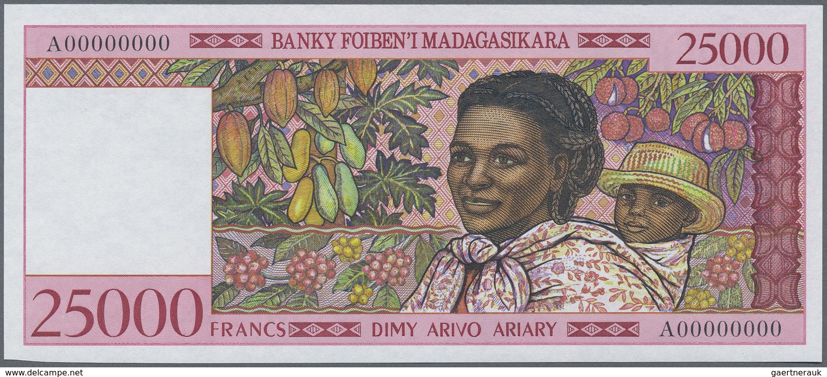 Madagascar: Set Of 2 Notes Containing 500 And 25.000 Francs ND(1994-95) Specimen P. 75s, P. 82s With - Madagascar