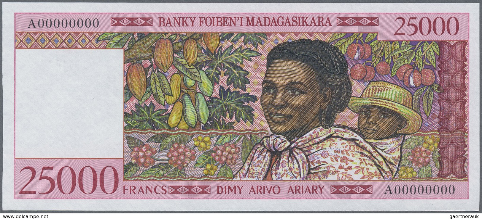 Madagascar: 25.000 Francs ND(1998) Rare Specimen Type Without Watermark, Without Security Foil Strip - Madagascar