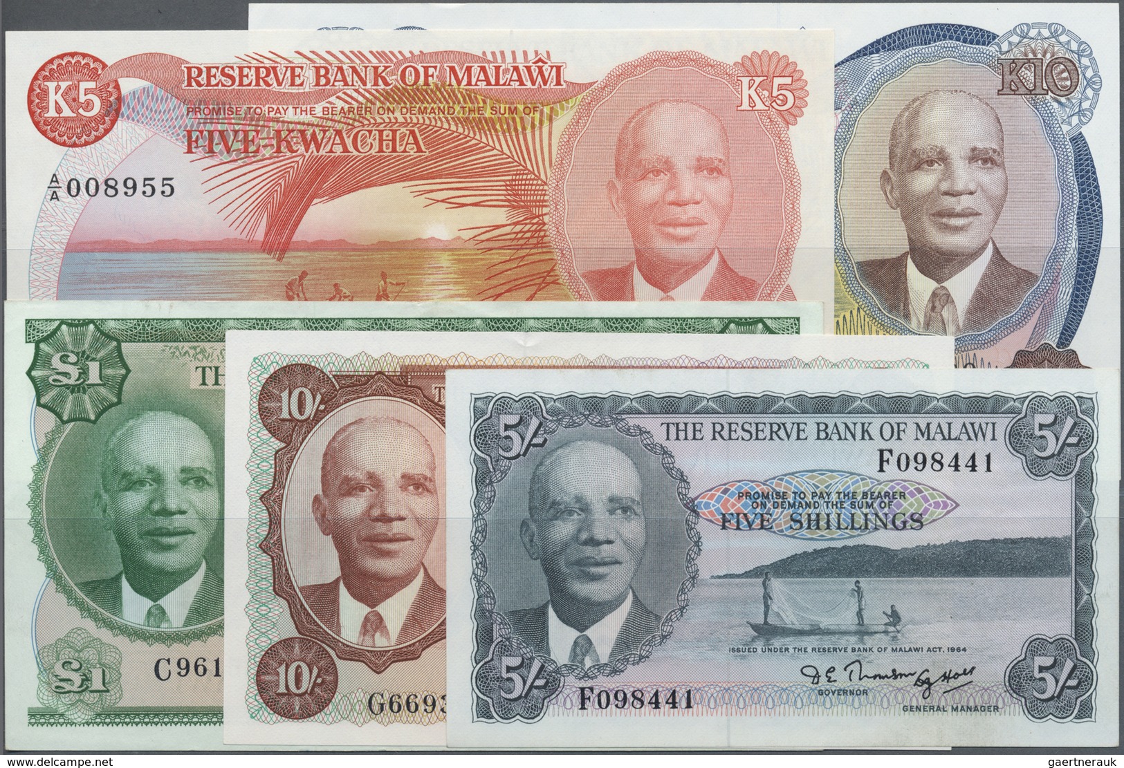 Malawi: Very Interesting Set Of 5 Banknotes Comprising 5 Shillings L.1964 P.1A (aUNC), 10 Shillings - Malawi