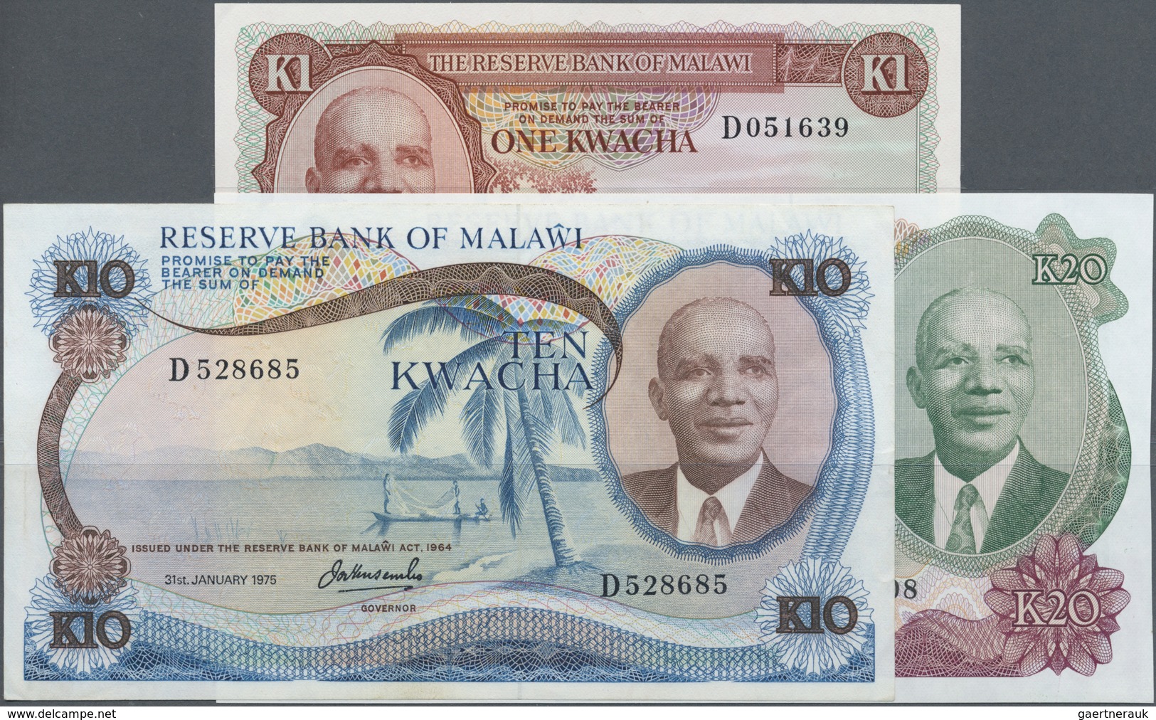 Malawi: Nice Set With 3 Banknotes Comprising 1 Kwacha ND(1971) P.6 (aUNC), 10 Kwacha January 31st 19 - Malawi