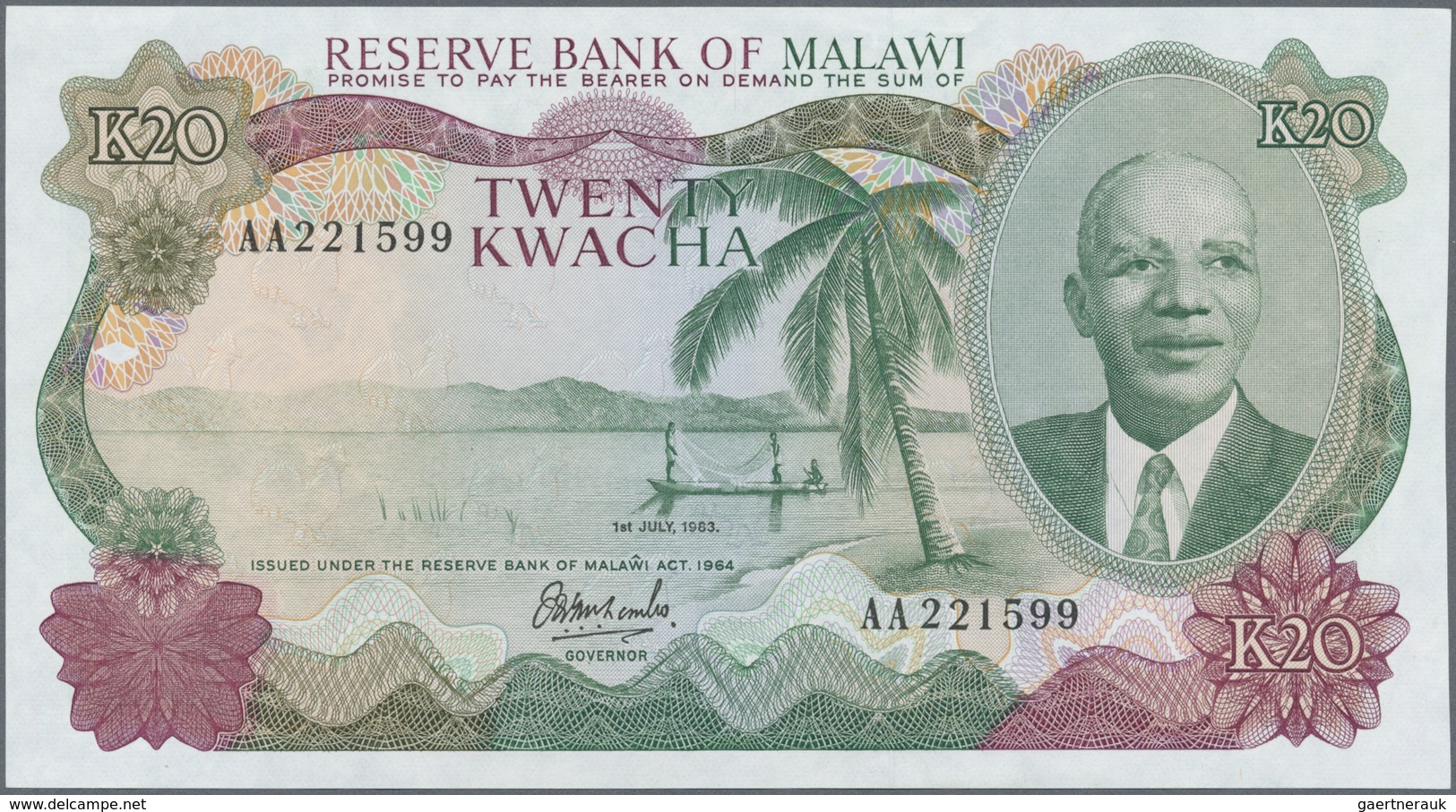 Malawi: 20 Kwacha July 1st 1983, P.17a With A Tiny Dint At Upper Left Corner, Otherwise Perfect: AUN - Malawi