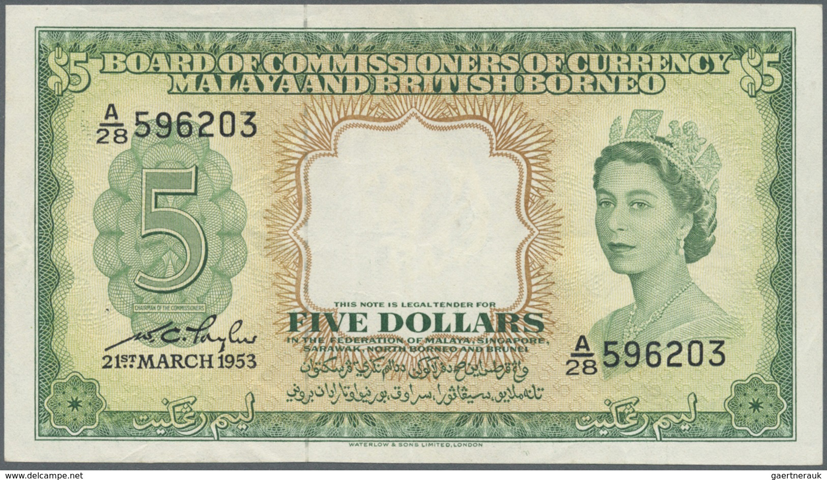 Malaya & British Borneo: 5 Dollars 1953, P.2, Very Nice And Attractive Banknote With Vertical Fold A - Malaysia