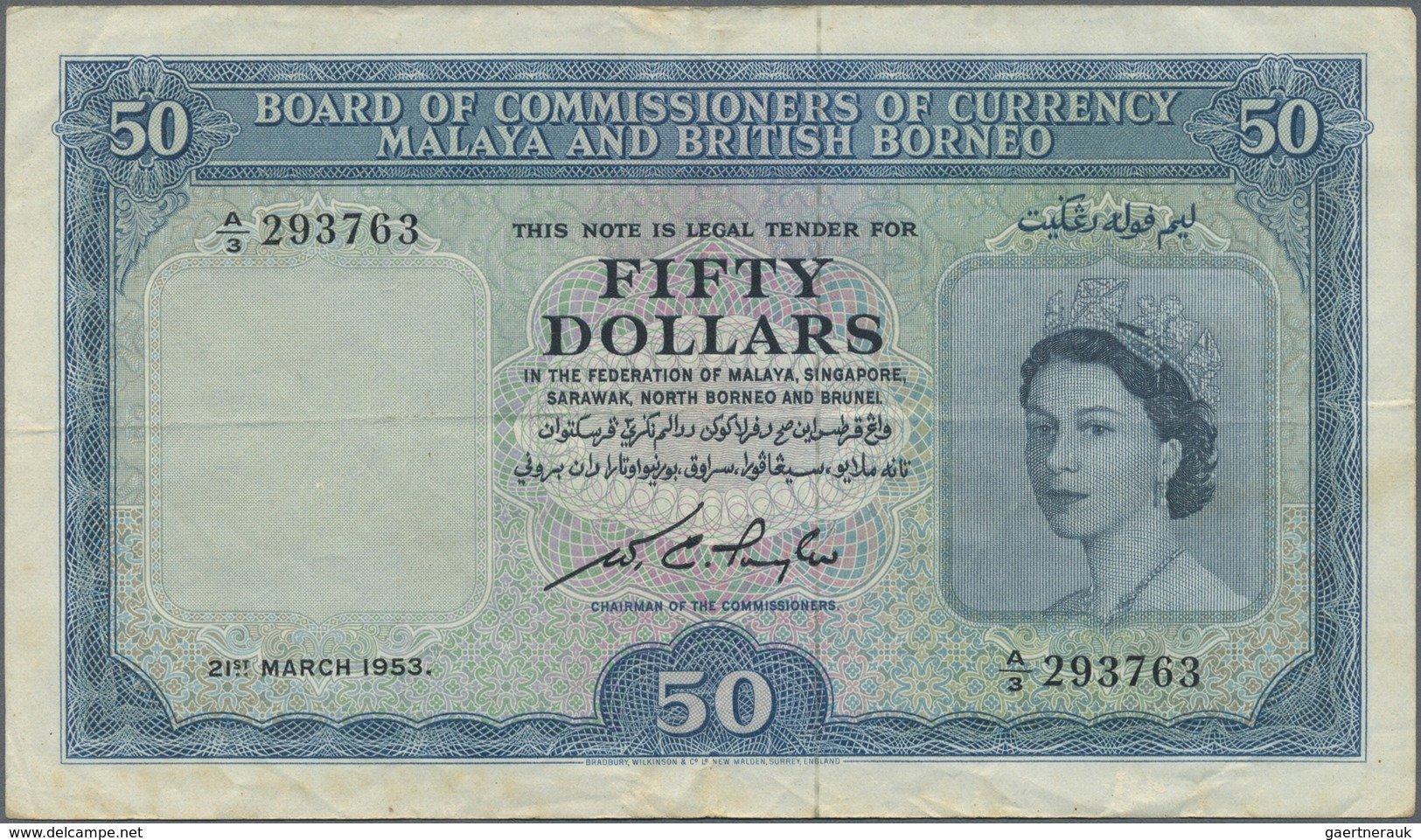 Malaya & British Borneo: 50 Dollars 1953, P.4a, Lightly Toned Paper With Several Folds And Black Sta - Malaysia