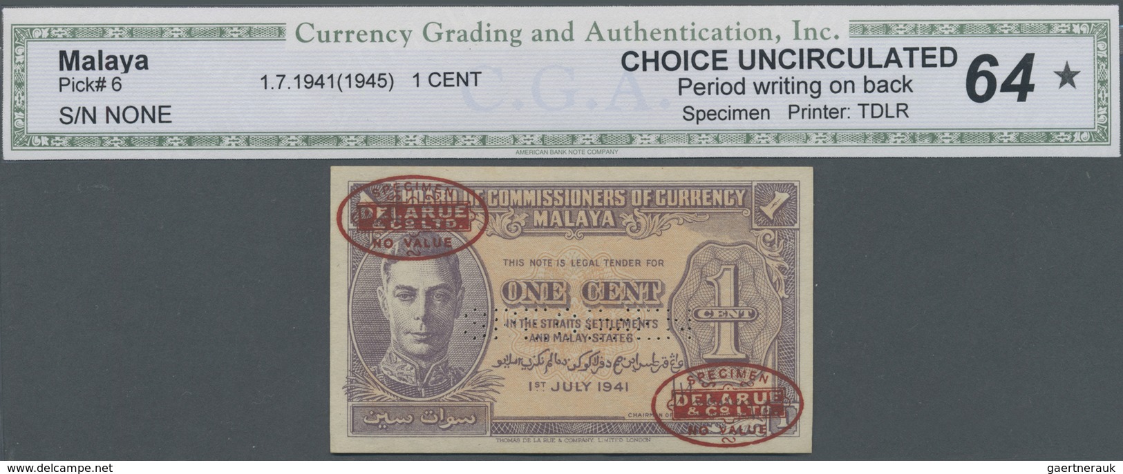 Malaya: Highly Rare Set With 4 De La Rue Specimen Comprising 1 Cent 1941 (1945) Specimen P.6s CGA Gr - Malaysia