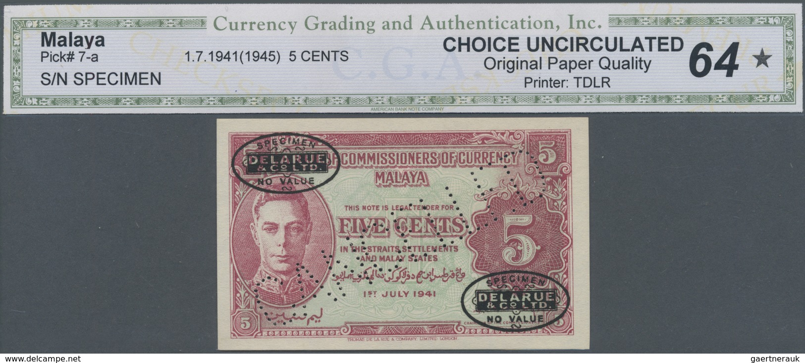 Malaya: Highly Rare Set With 4 De La Rue Specimen Comprising 1 Cent 1941 (1945) Specimen P.6s CGA Gr - Malesia