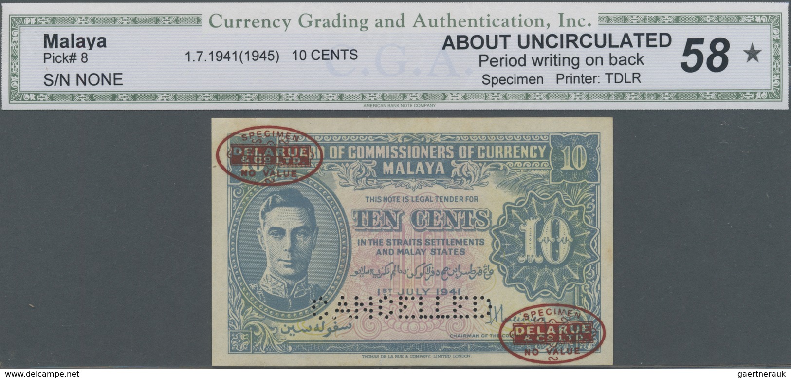 Malaya: Highly Rare Set With 4 De La Rue Specimen Comprising 1 Cent 1941 (1945) Specimen P.6s CGA Gr - Malesia