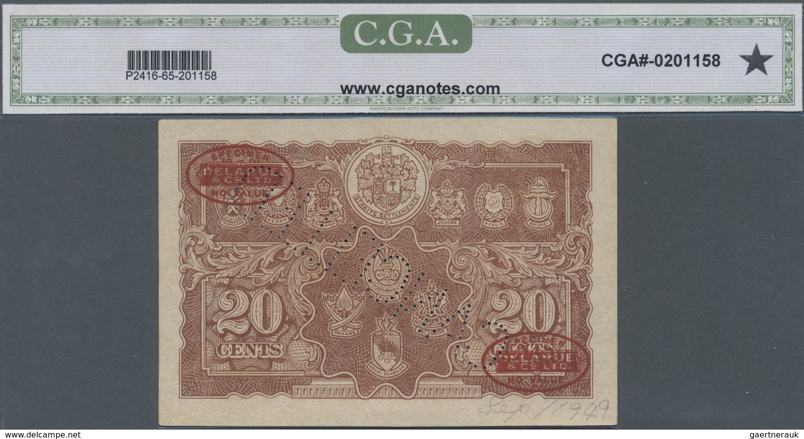 Malaya: highly rare set with 4 De La Rue Specimen comprising 1 Cent 1941 (1945) Specimen P.6s CGA gr