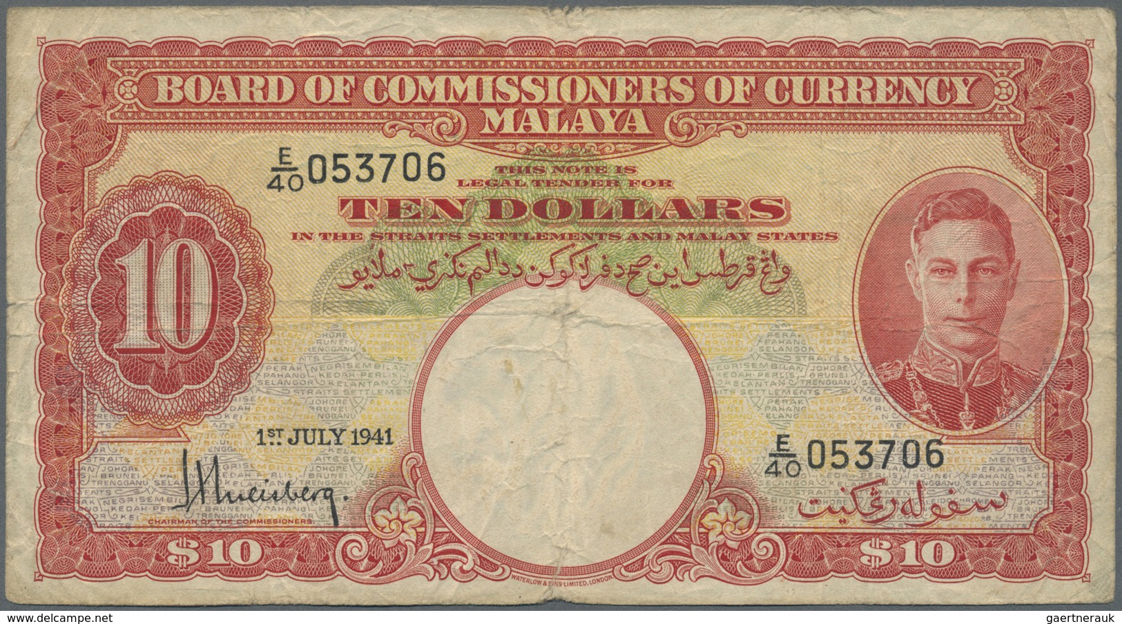 Malaya: 10 Dollars 1941 P. 13, Used With Folds And Creases In Condition: F. - Malaysia