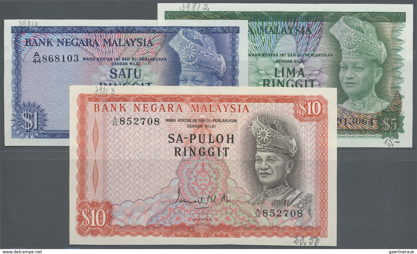 Malaysia: Set With 1, 5 And 10 Ringgit Series ND(1967), P.1-3 With Title "GABENOR" At Lower Center O - Malaysia