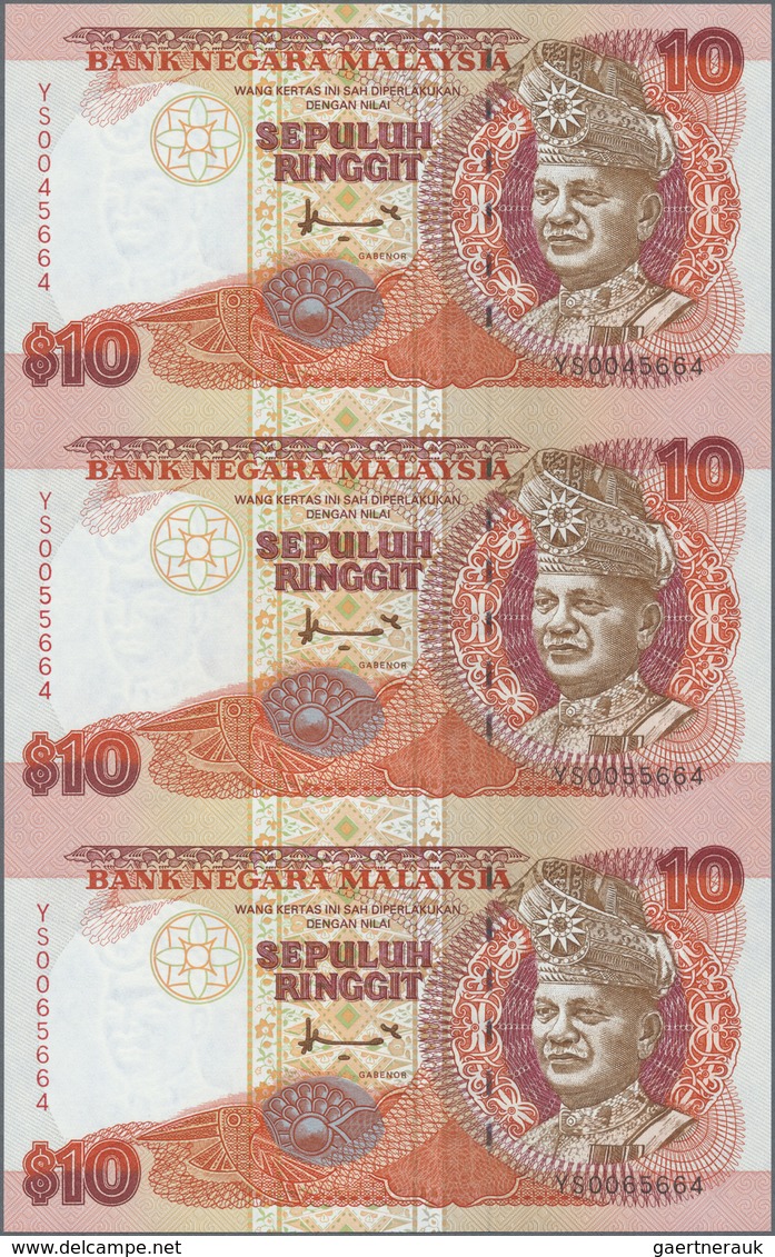 Malaysia: Set Of 2 Uncut Sheets Of 3 Notes Each 10 Ringgit ND P. 38 And 10 Ringgitt ND P. 42, In Ori - Malaysia