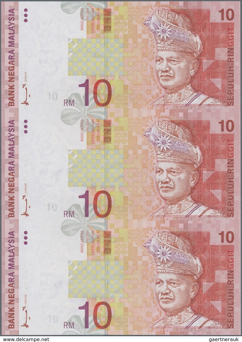 Malaysia: Set Of 2 Uncut Sheets Of 3 Notes Each 10 Ringgit ND P. 38 And 10 Ringgitt ND P. 42, In Ori - Malaysia