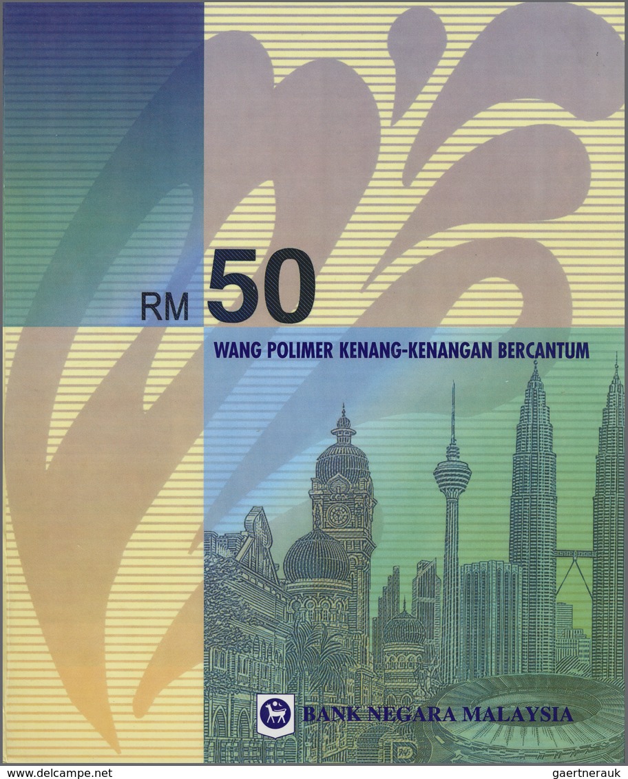 Malaysia: Uncut Sheet Of 3 Pcs 50 Ringgit Polymer ND P. 45 In Original Folder From The Central Bank - Malaysia