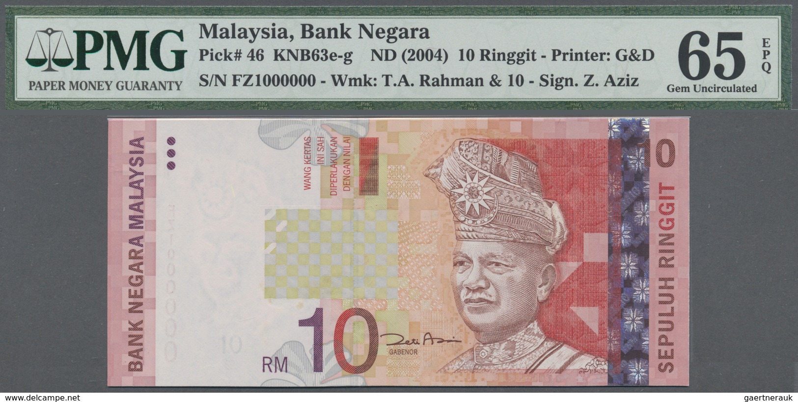 Malaysia: 10 Ringgit ND(2004) P. 46 With Interesting Serial Number #FZ1000000 In Condition: PMG Grad - Malaysia
