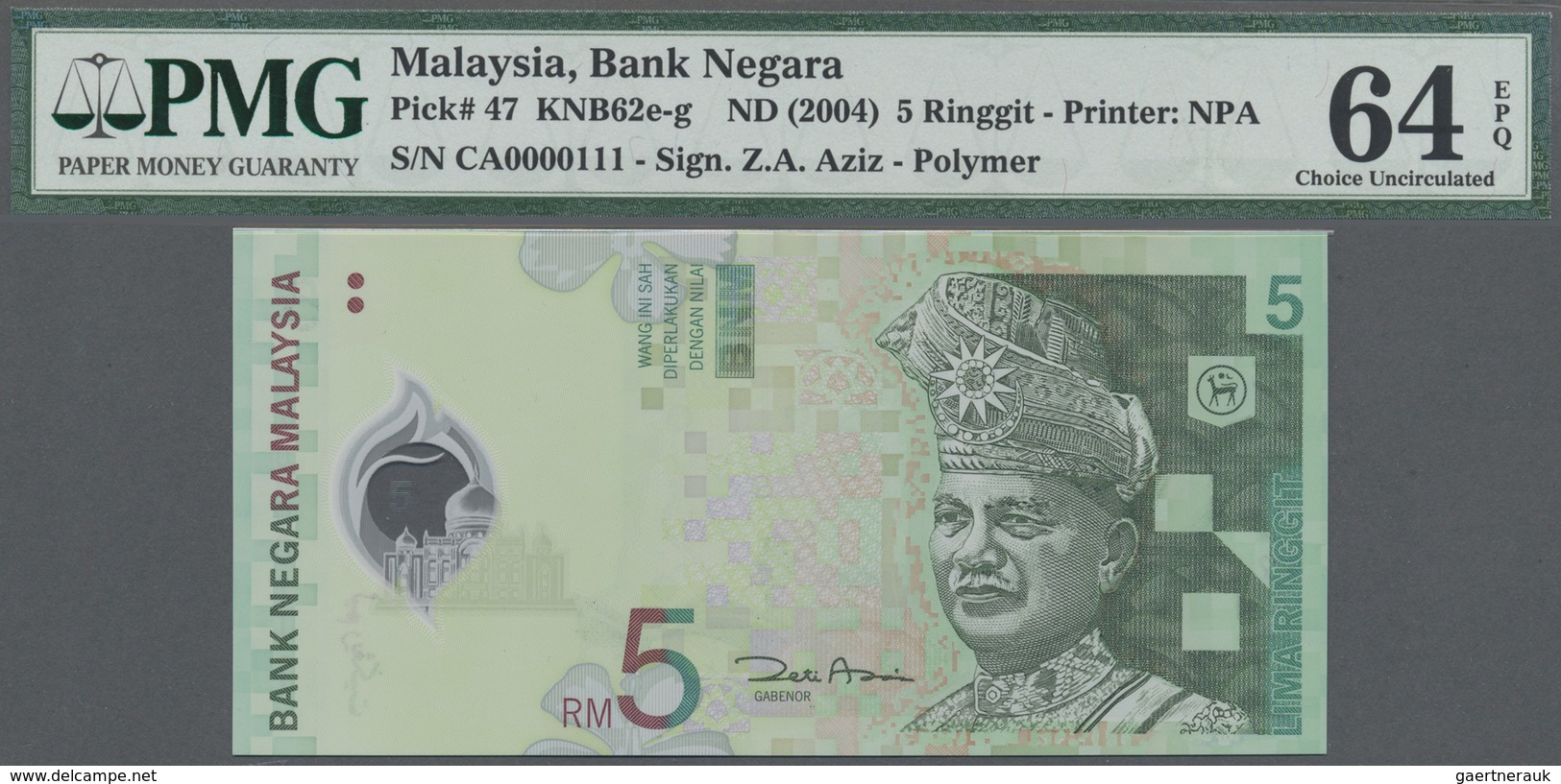 Malaysia: 5 Ringgit ND(2004) Polymer P. 47 With Interesting Serial Number #CA000011 In Condition: PM - Malaysia