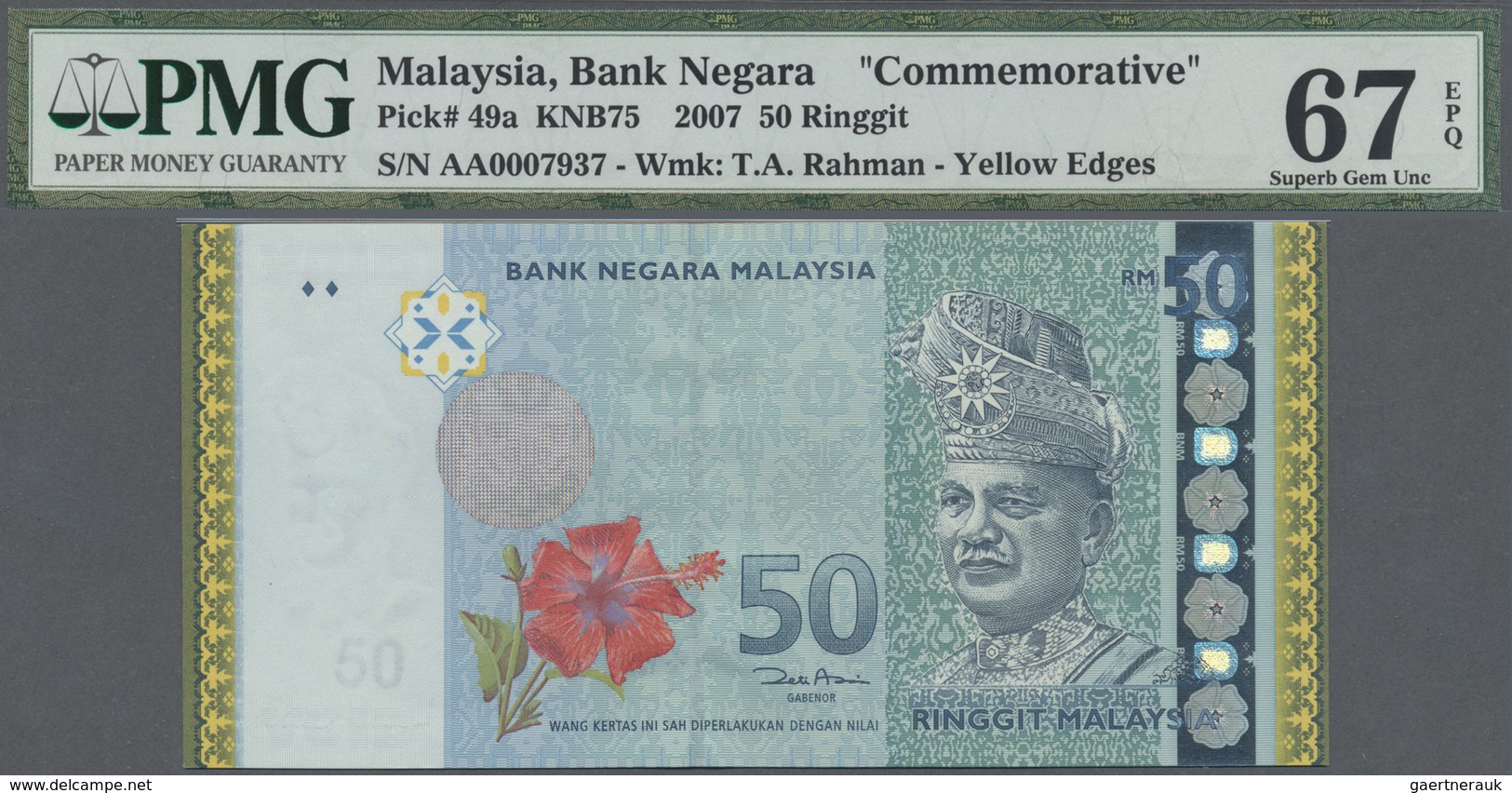 Malaysia: Set Of 2 CONSECUTIVE Notes 50 Ringgit 2007 Commemorative Issue With Yellow Borders P. 49a - Malaysia