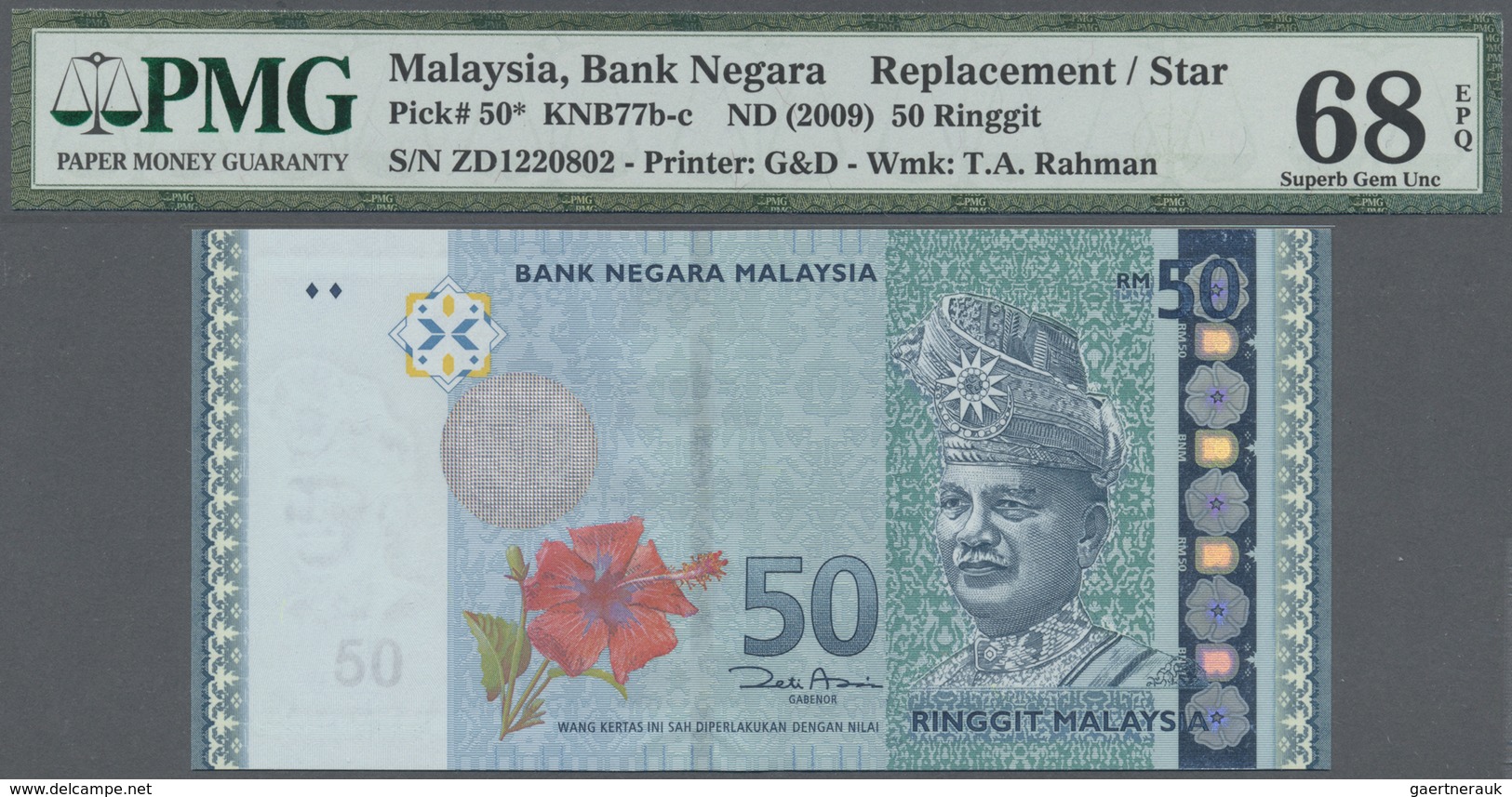Malaysia: 50 Ringgit ND(2009) Replacement Prefix ZD P. 50* In Condition: PMG Graded 68 Superb Gem UN - Malesia