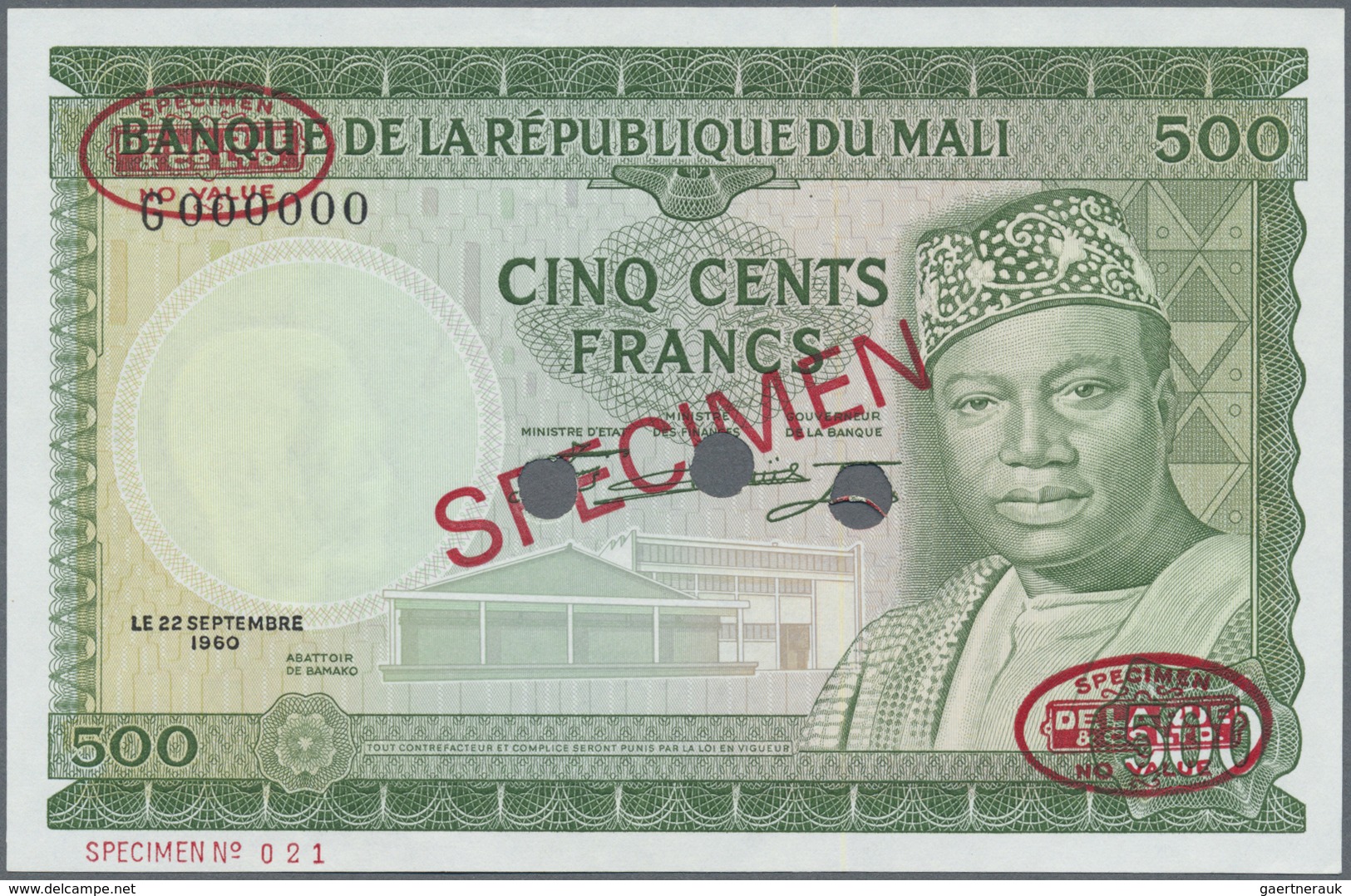 Mali: 500 Francs ND(1967) Specimen P. 8s, In Condition: AUNC. - Mali