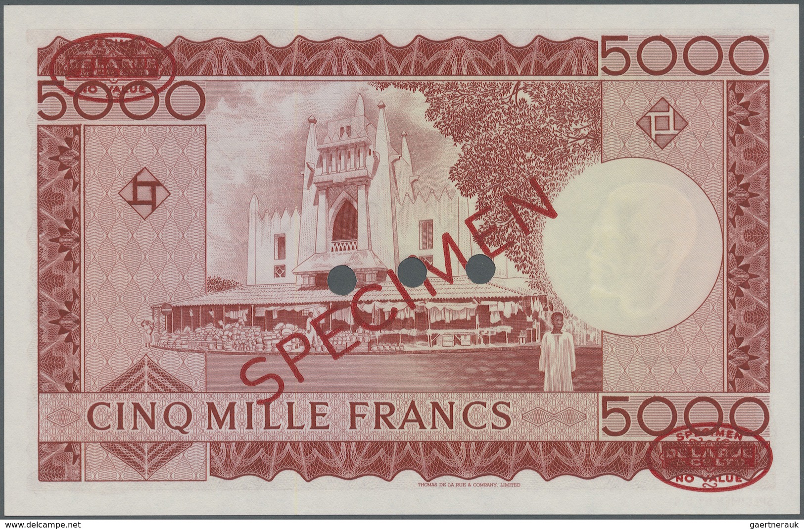 Mali: 5000 Francs 1960 Specimen P. 10s. This Rare Specimen Banknote Has Oval De La Rue Overprints In - Mali