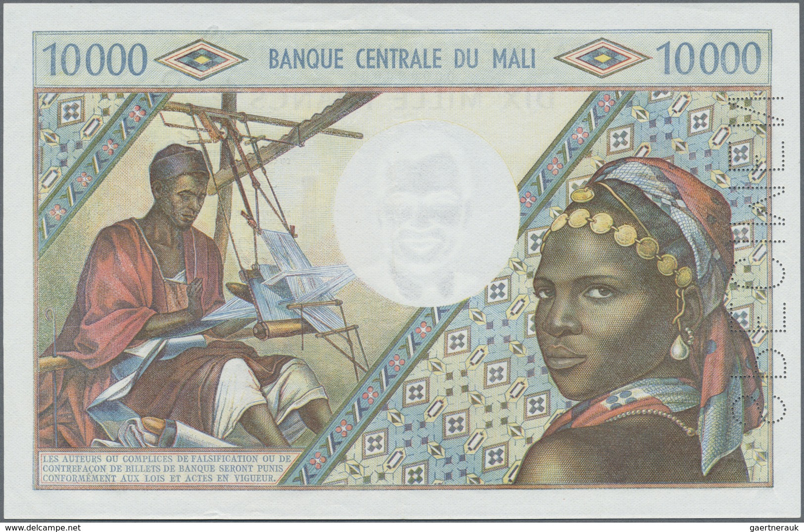 Mali: 10.000 Francs ND(1970-84) Specimen P. 15s, Light Center Fold And Dints In Paper, Perforation S - Mali