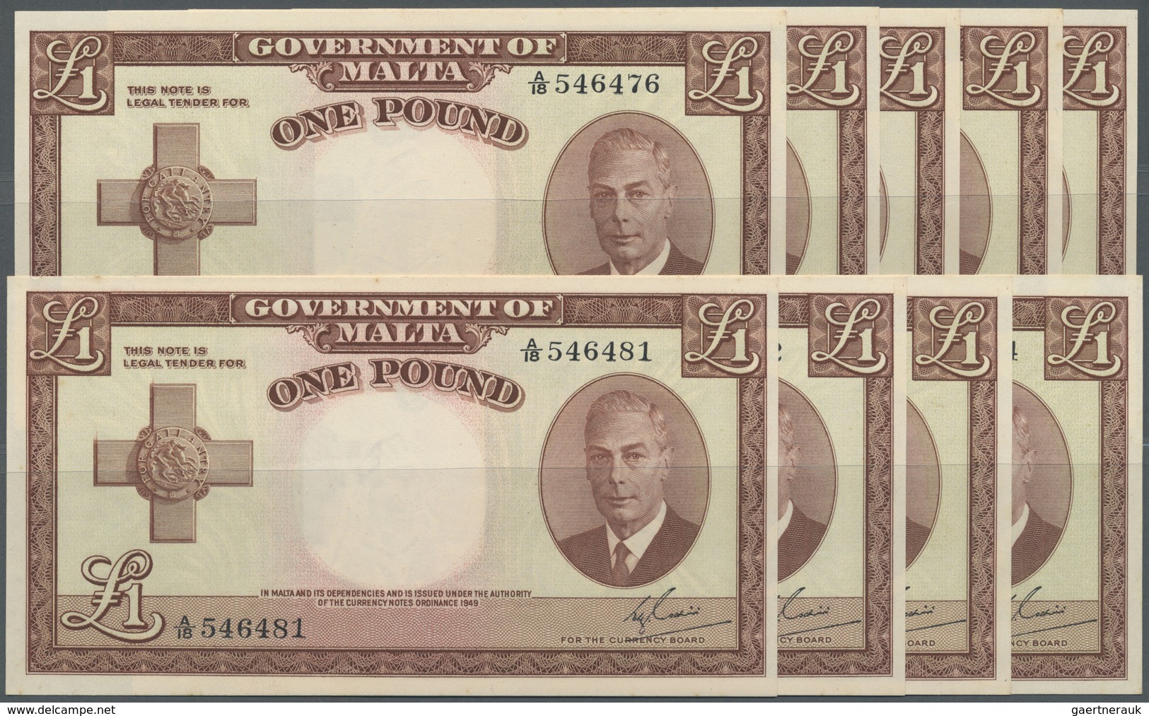 Malta: Set Of 9 CONSECUTIVE Notes 1 Pound ND P. 22 With Portrait KGVI In Condition: AUNC To UNC. (9 - Malta