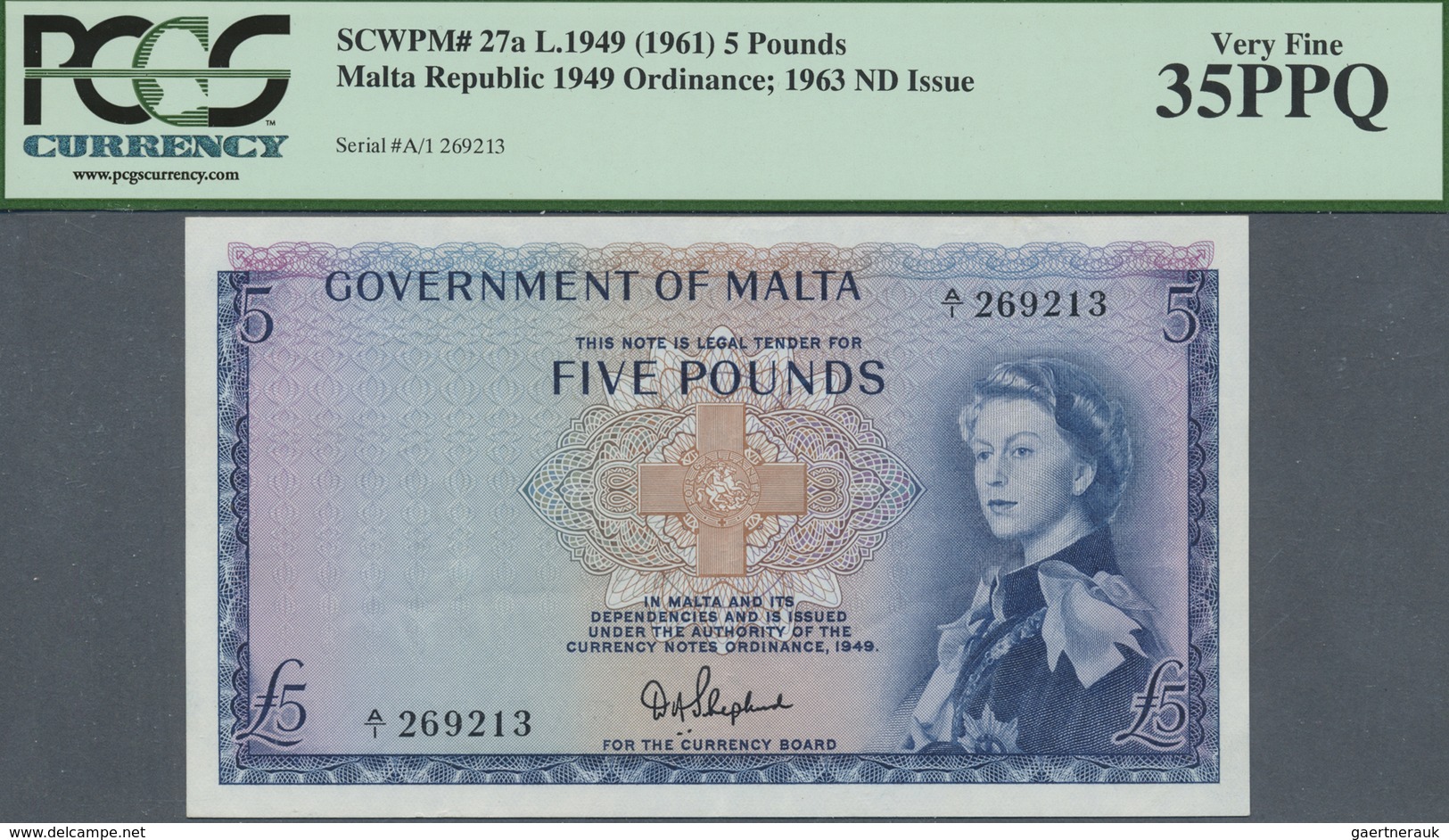 Malta: 5 Pounds L.1949 (1961), P.27a, Vertically Folded With Tiny Spots At Upper Margin On Back And - Malta