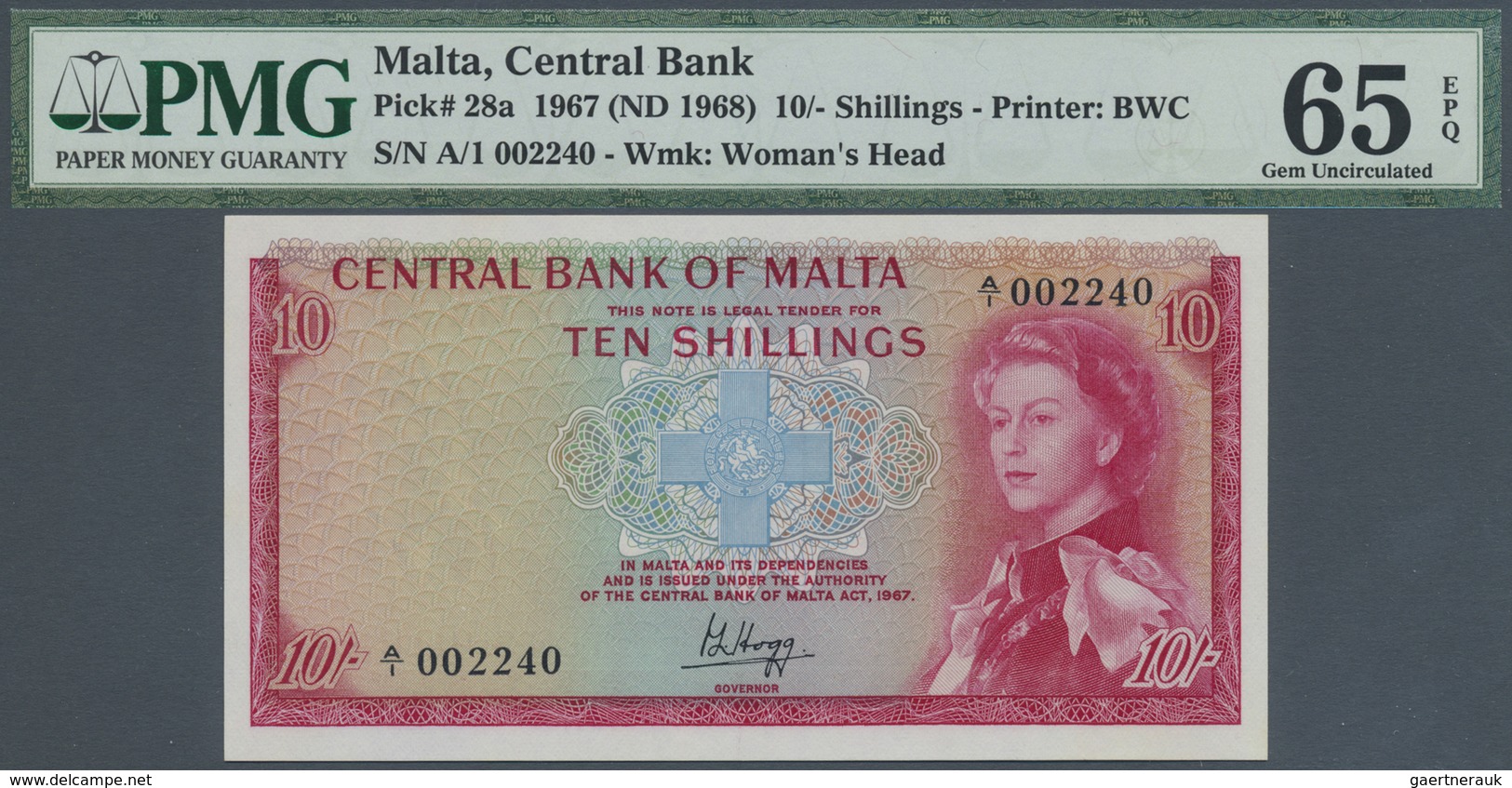 Malta: Pair Of 10 Shillings ND(1967-68), P.28a With Low Serial A/1 002240 – 002241(2pcs) PMG 64-65 G - Malta