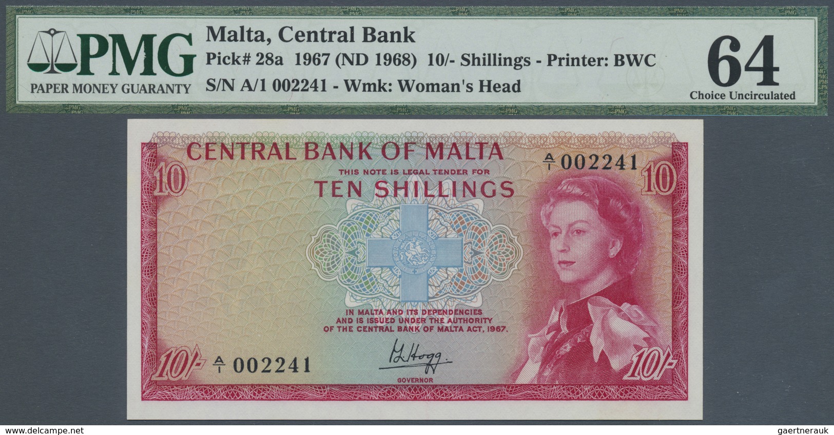 Malta: Pair Of 10 Shillings ND(1967-68), P.28a With Low Serial A/1 002240 – 002241(2pcs) PMG 64-65 G - Malta