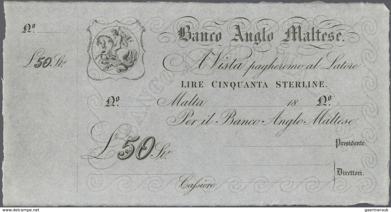 Malta: Banco Anglo Maltese 50 Pounds 18xx Remainder Without Date, Serial And Signature, P.S116r, Ver - Malta