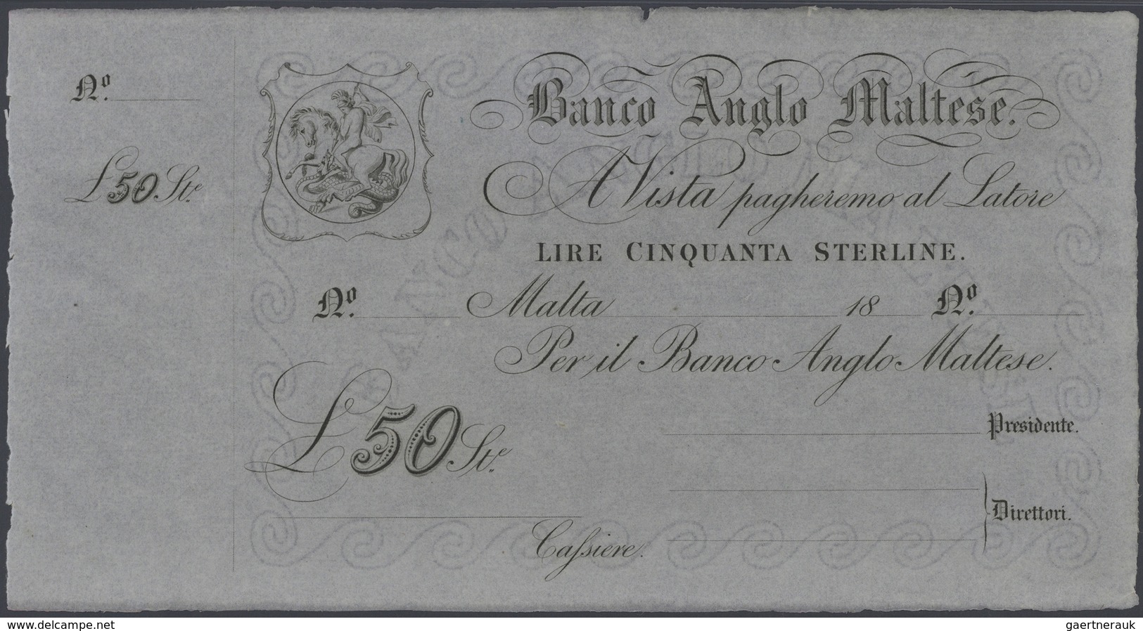 Malta: Banco Anglo Maltese Unsigned Remainder For 50 Pounds ND(1880), P.S116r In Excellent Condition - Malta
