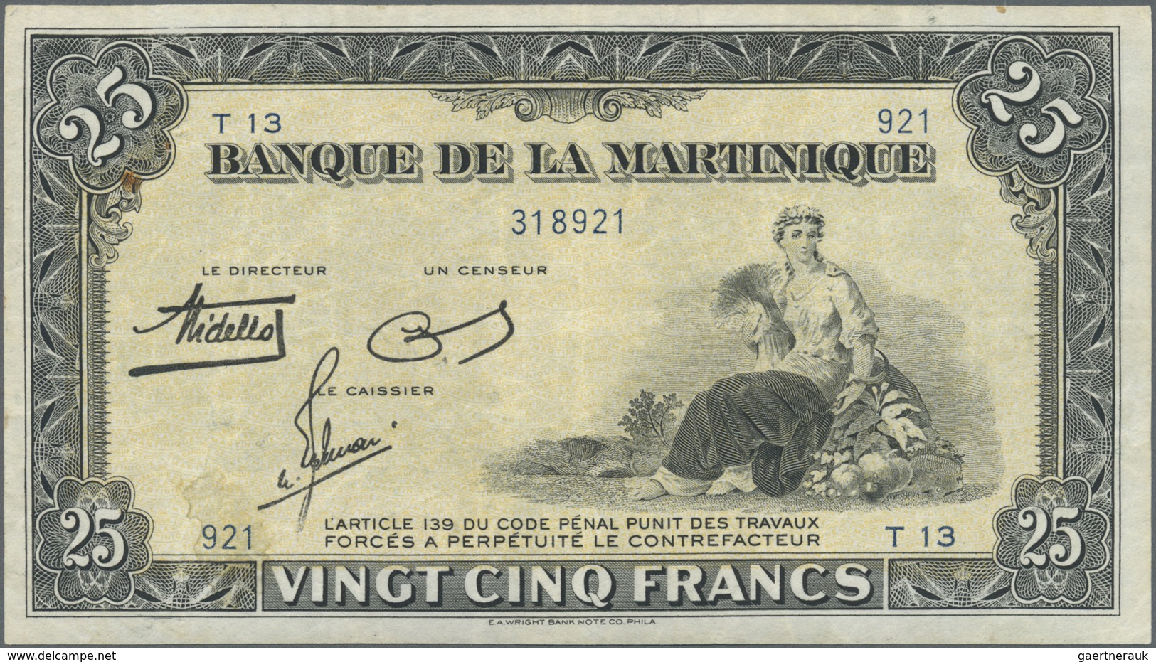 Martinique: 25 Francs 1943 P. 17, Pressed, Minor Pinholes, Light Staining At Lower Left, Still Nice - Other & Unclassified