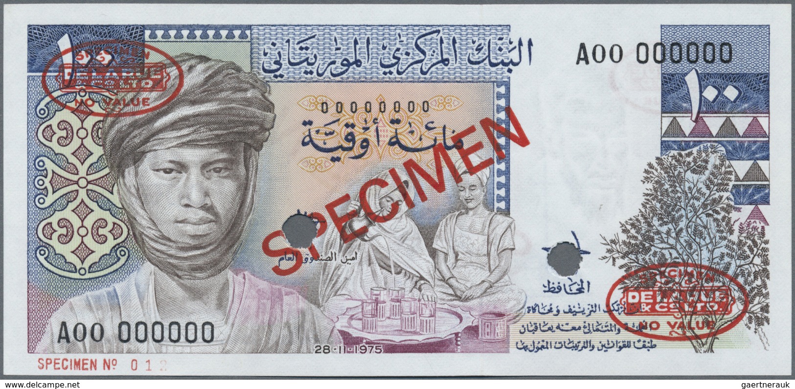 Mauritania / Mauretanien: Banque Centrale De Mauritanie 100 Ouguiya 1975 De La Rue SPECIMEN, P.3As I - Mauritania