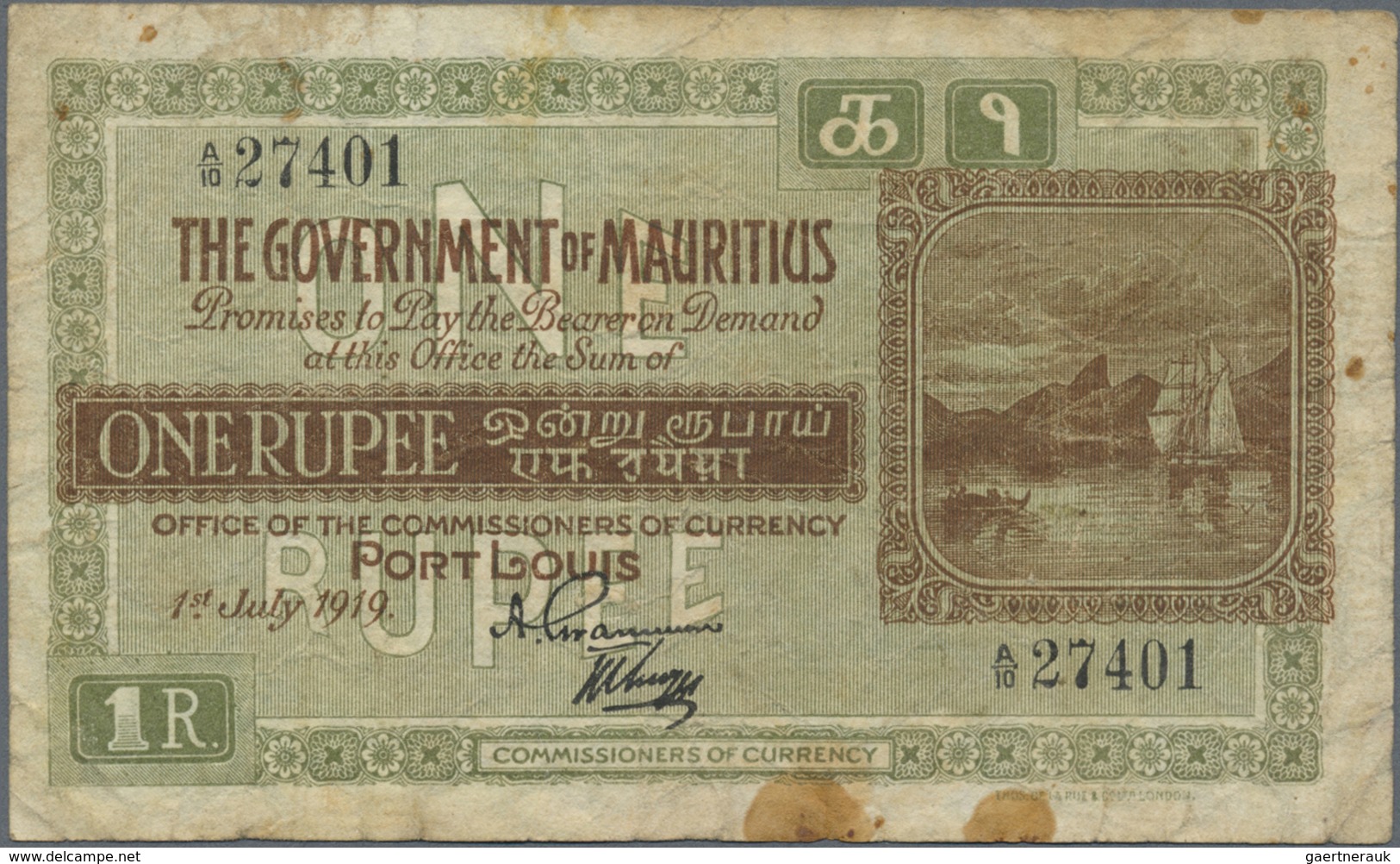 Mauritius: 1 Rupee July 1st 1919, P.19, Highly Rare Note With Toned Paper, Some Folds And A Few Stai - Mauritius