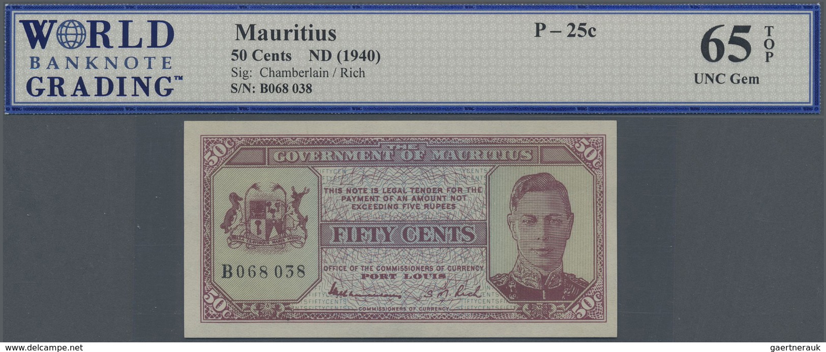 Mauritius: 25 Cents ND(1940), P.25 In Perfect Condition, WBG Graded 65 UNC Gem TOP - Mauritius