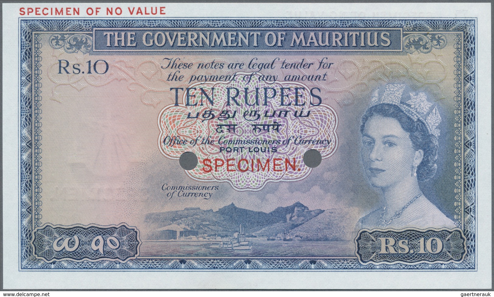 Mauritius:  Government Of Mauritius 10 Rupees ND(1954) Color Trial Specimen In Blue Instead Of Red C - Mauritius