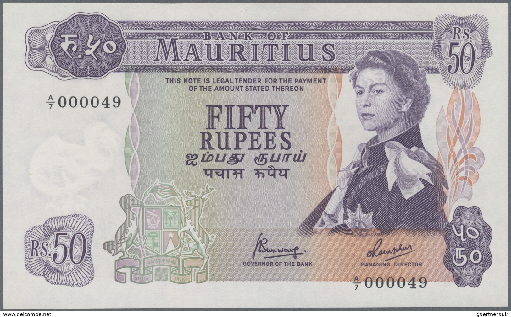 Mauritius: Set with 8 Banknotes 1967 5 Rupees A/46 581027, 25 Rupees A/11 116320. 50 Rupees 6x A/12