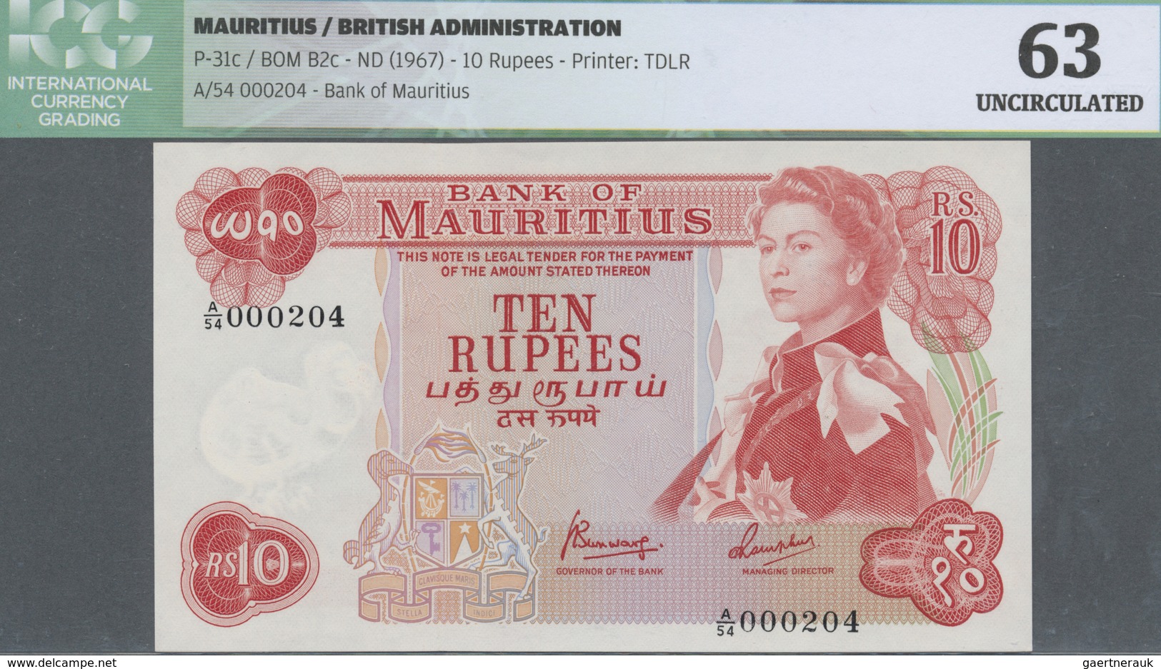 Mauritius: 10 Rupees ND(1967) P. 31c, ICG Graded 63 UNC. - Mauritius