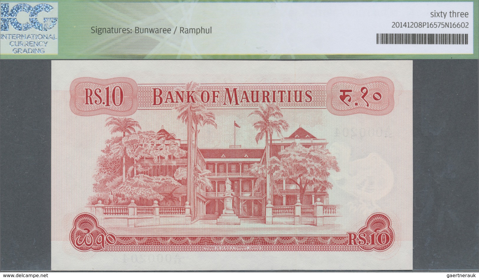 Mauritius: 10 Rupees ND(1967) P. 31c, ICG Graded 63 UNC. - Mauritius