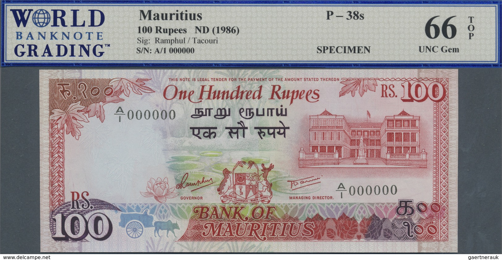 Mauritius: 100 Rupees ND(1986) Specimen P. 38s, Condition: WBG Graded 66 UNC Gem TOP. - Mauritius