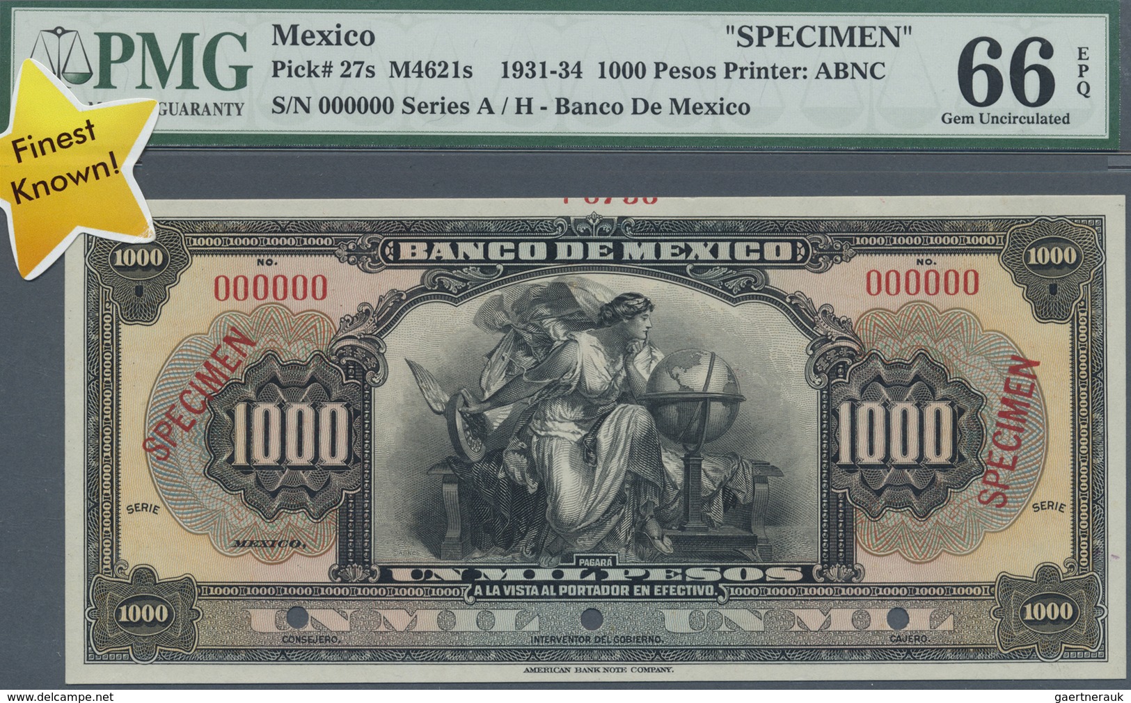 Mexico: 1000 Pesos ND(1931-34) Specimen P. 27s, PMG Graded 66 GEM UNC EPQ. - Mexiko